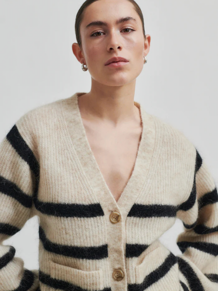Beige - Svartrandig Second Female Ovalis Knit Cardigan