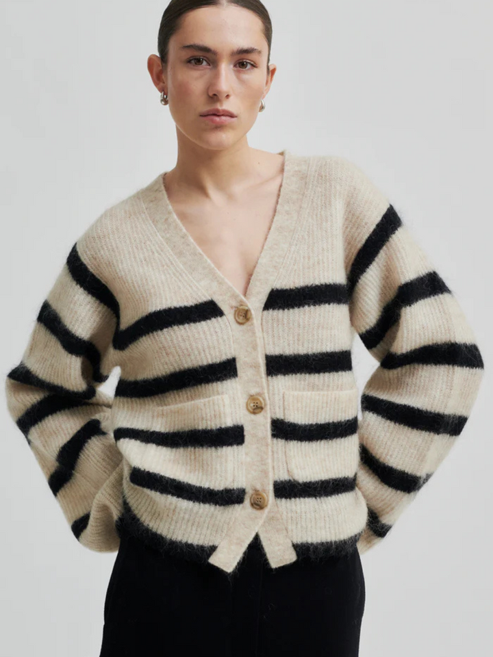 Beige - Svartrandig Second Female Ovalis Knit Cardigan