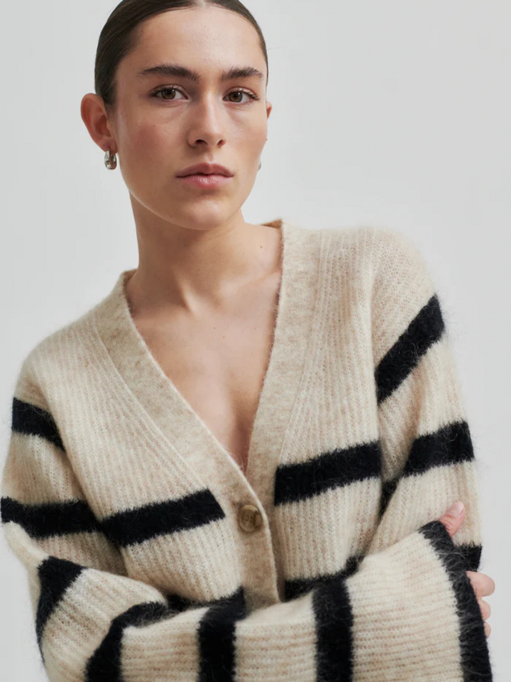 Beige - Svartrandig Second Female Ovalis Knit Cardigan