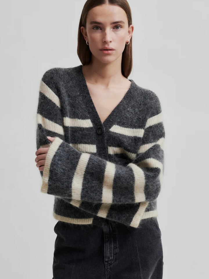 Kolgrå randig andra kvinnlig Ovalis stickad cardigan