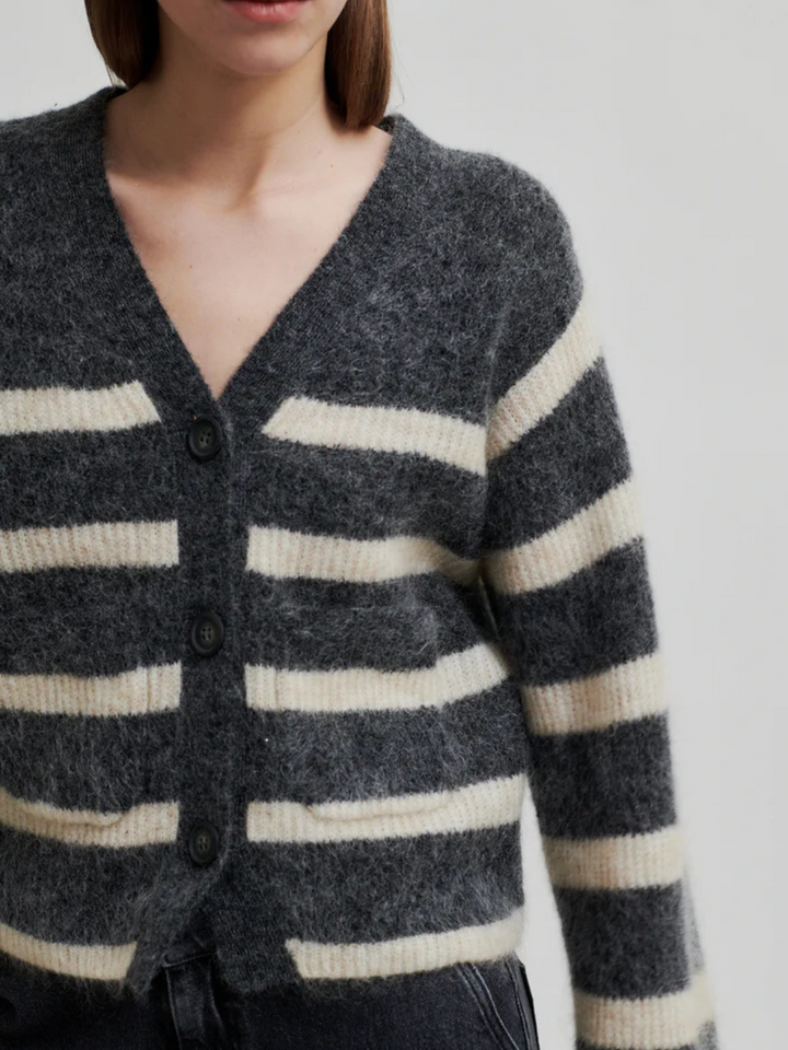 Kolgrå randig andra kvinnlig Ovalis stickad cardigan