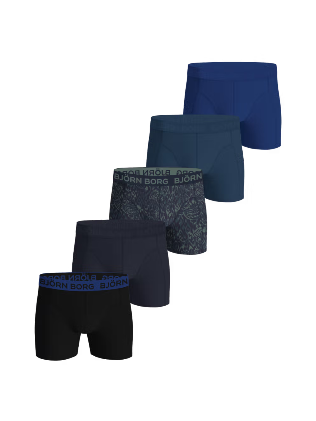 Björn Borg 5-pack boxershorts til mænd i forskellige blå nuancer, fremstillet i blød bomuldsstretch med logoelastik og mellemhøj talje.