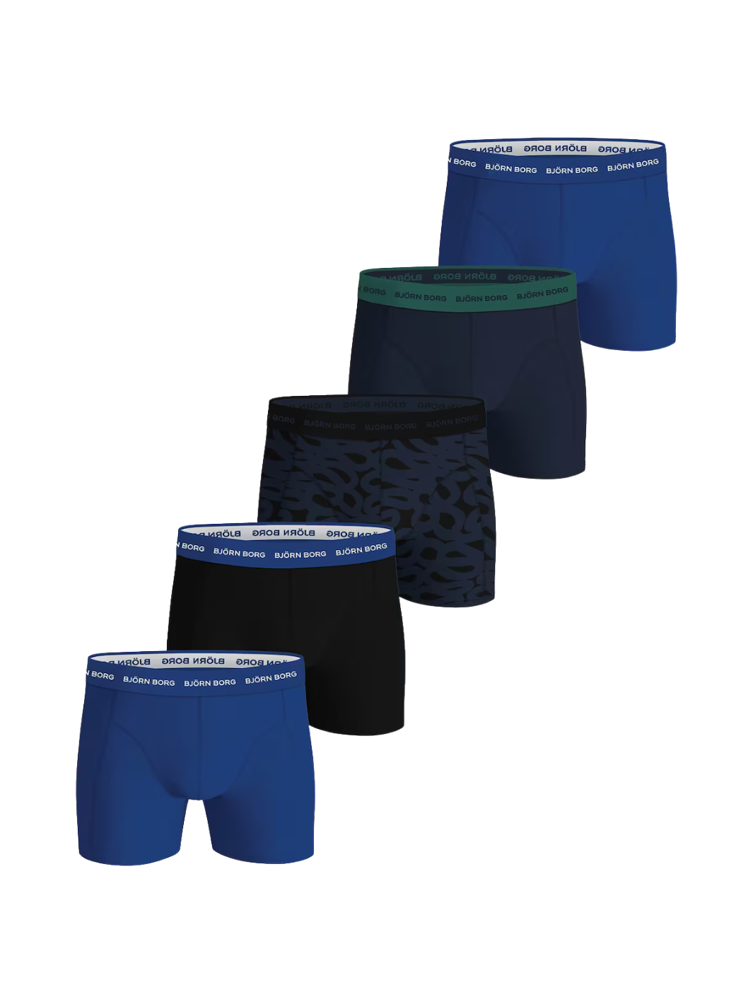 Björn Borg 5-pack boxershorts til mænd i forskellige blå &amp; sorte nuancer, fremstillet i blød bomuldsstretch med logoelastik og mellemhøj talje.