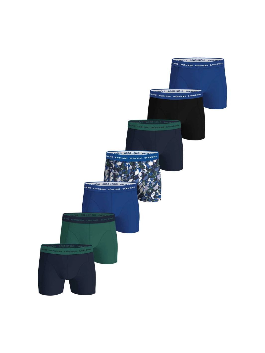 Björn Borg 7-pack boxershorts i blå, grønne og sorte nuancer med mønstrede varianter, shorts-længde og ikonisk logoelastik.