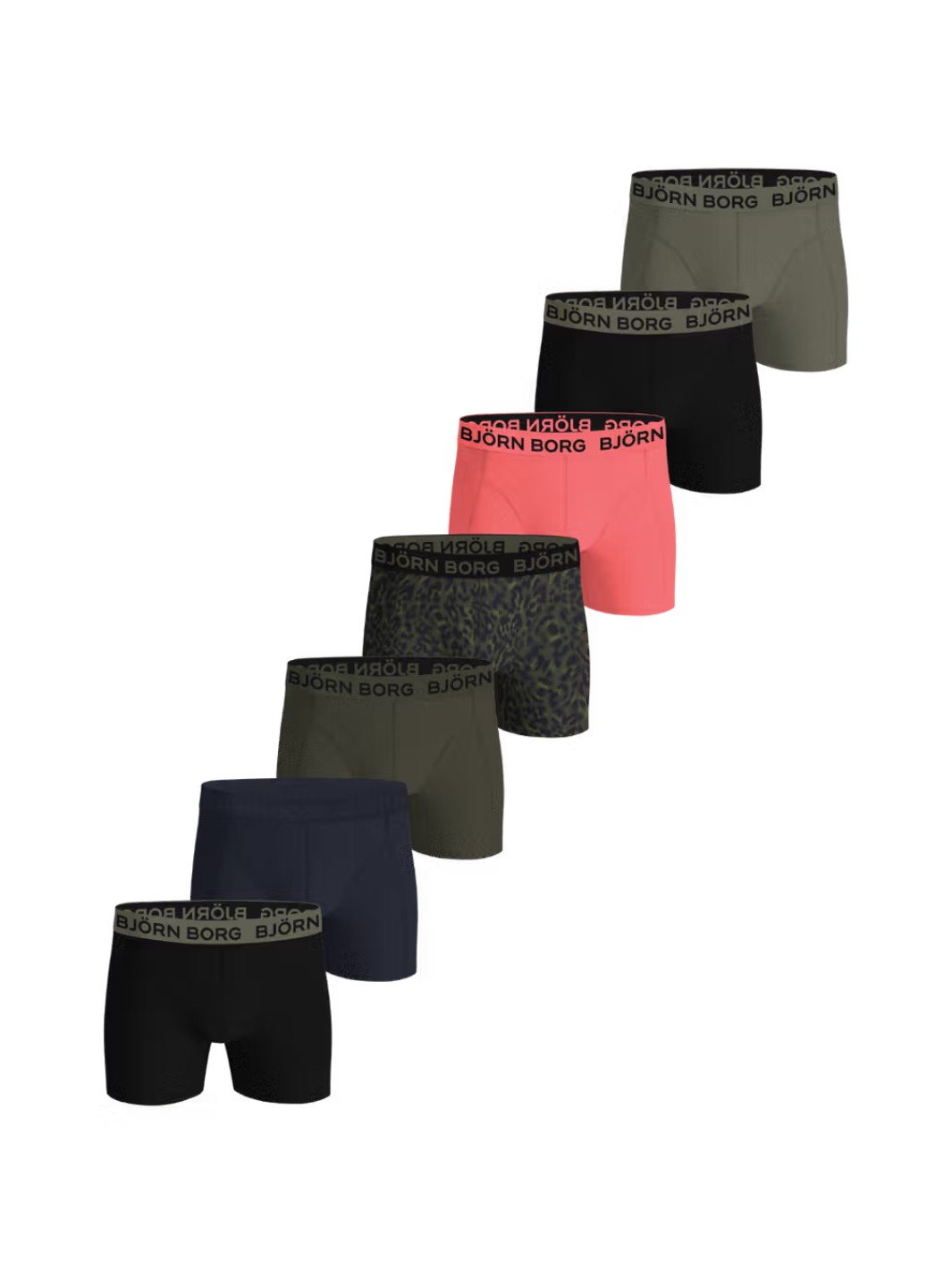 Björn Borg 7-pack boxershorts til herre i sort, army, blå og lyserød med forskellige designs, stretch og blød elastisk mikrofiberlinning.