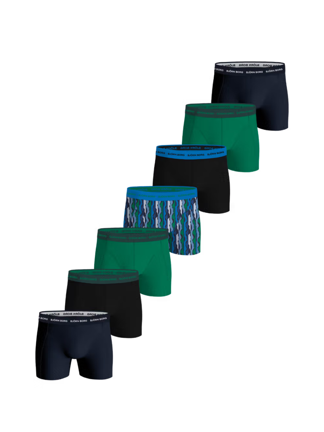 Björn Borg 7-pack boxershorts til herre i grønne, blå og sorte nuancer med print, mellemhøj talje og blød elastisk mikrofiberlinning.