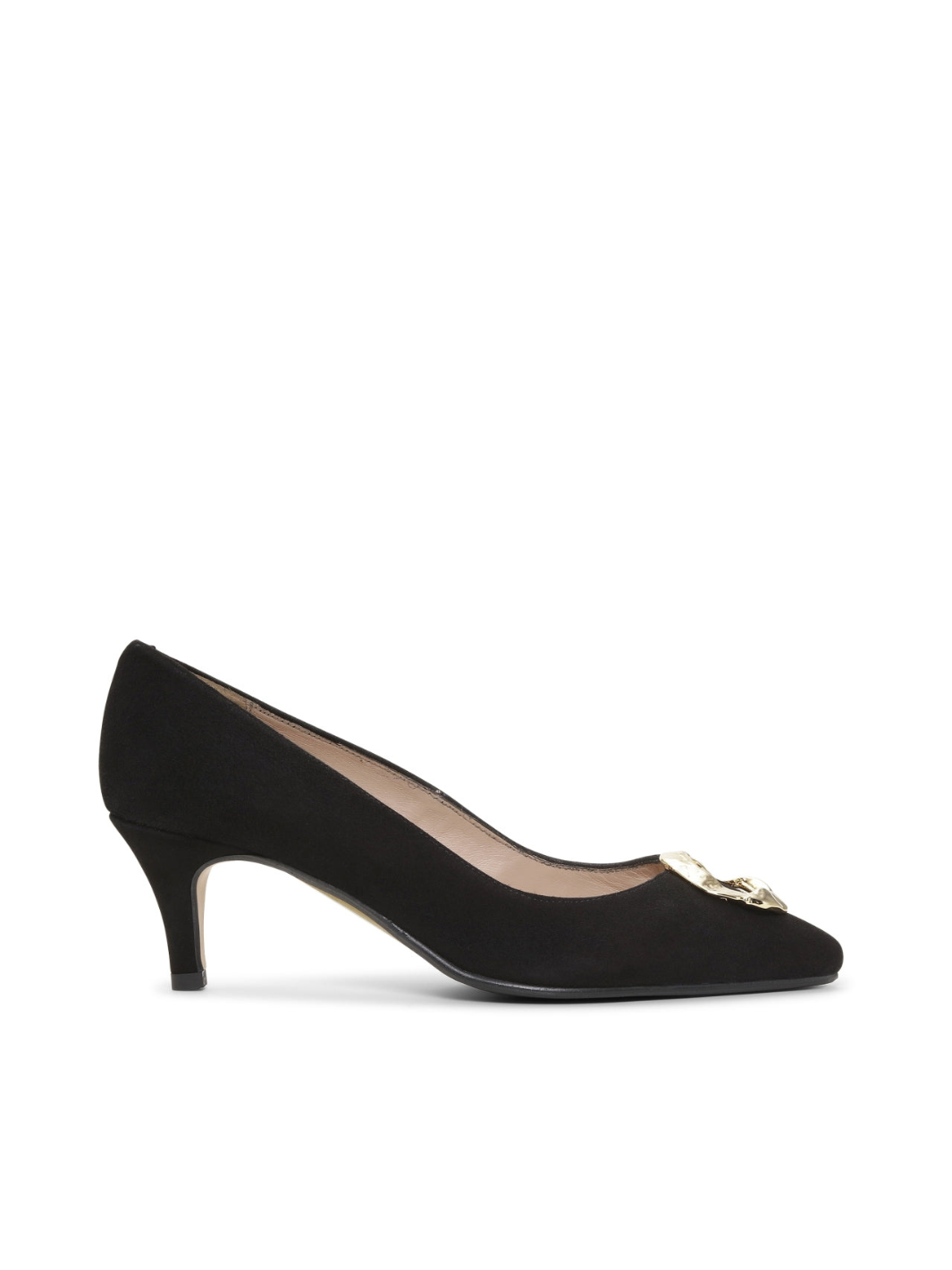 Gardenia Shoes Copenhagen Bea pumps i sort ruskind med guldfarvet detalje på snuden