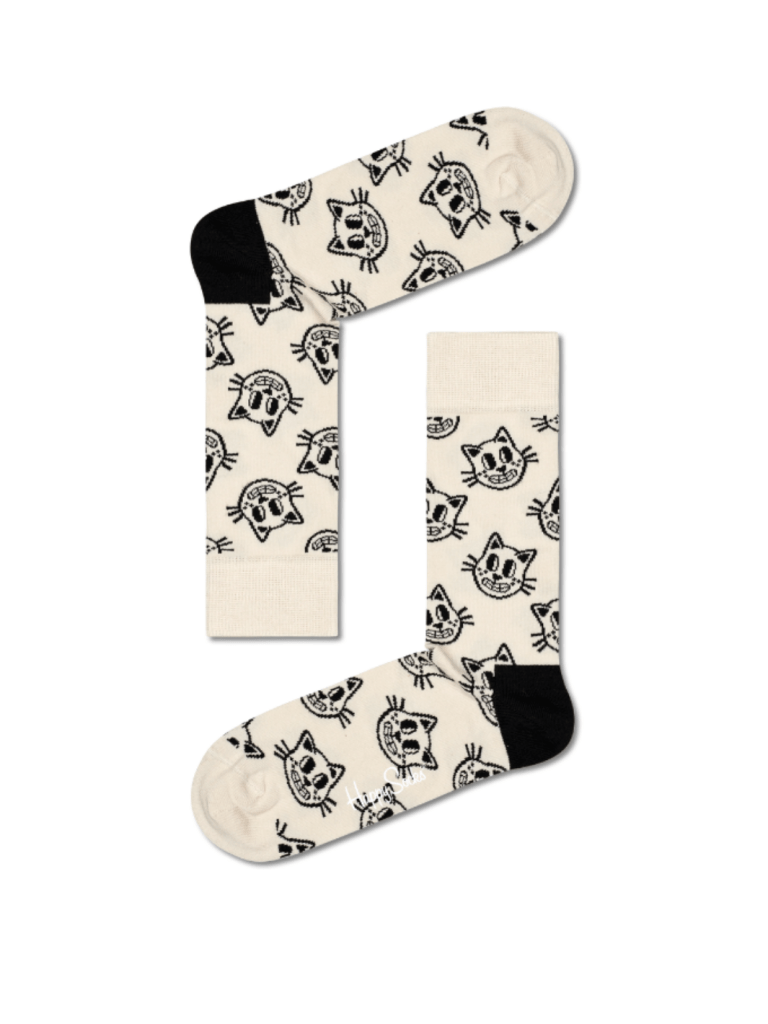 Happy Socks Creme/Sort Med Kattemotiver 36 - 40 Happy Socks