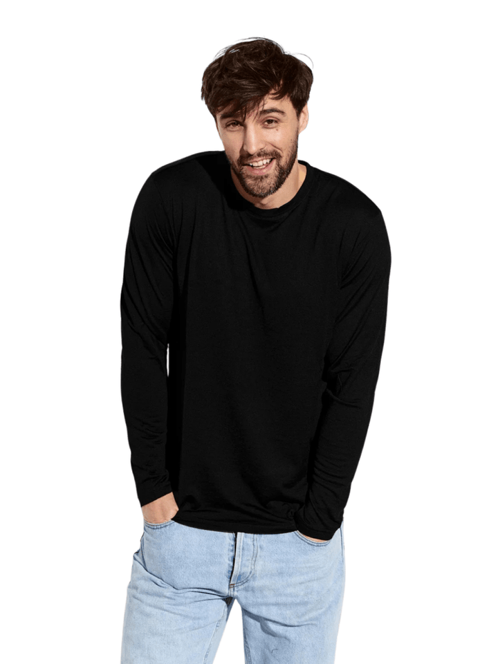 Panos Emporio Sort Herre Langærmet T-Shirt I Merinould Og Tencel S Panos Emporio