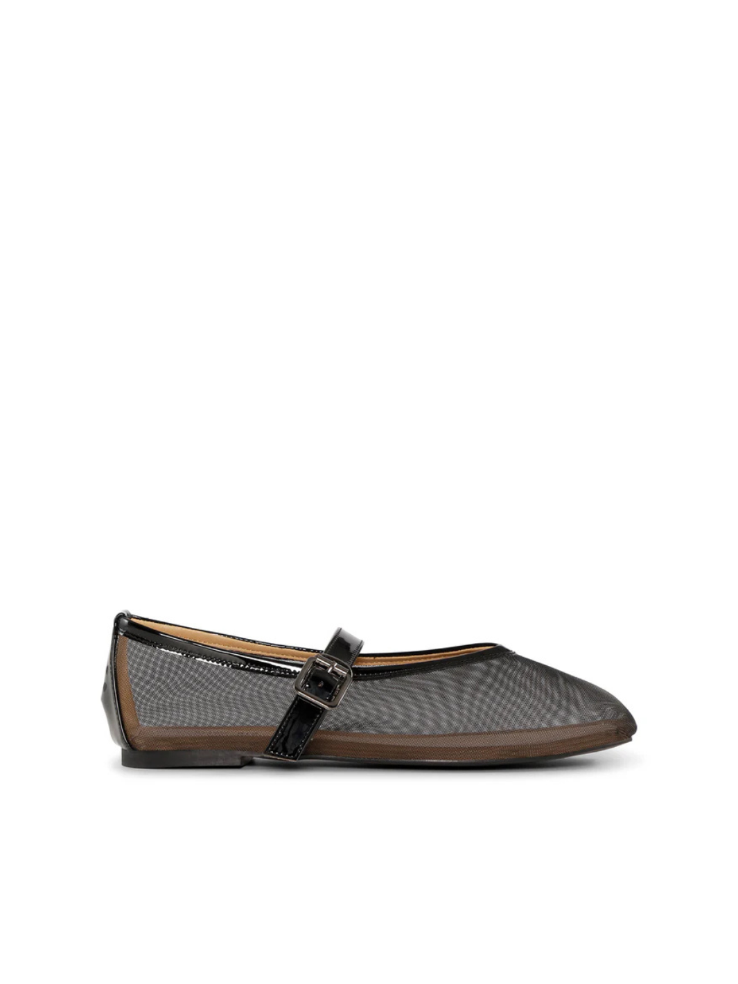 Shoe Biz Copenhagen Tacoma Strap ballerina i sort transparent mesh med sorte lakdetaljer og rem med spænde