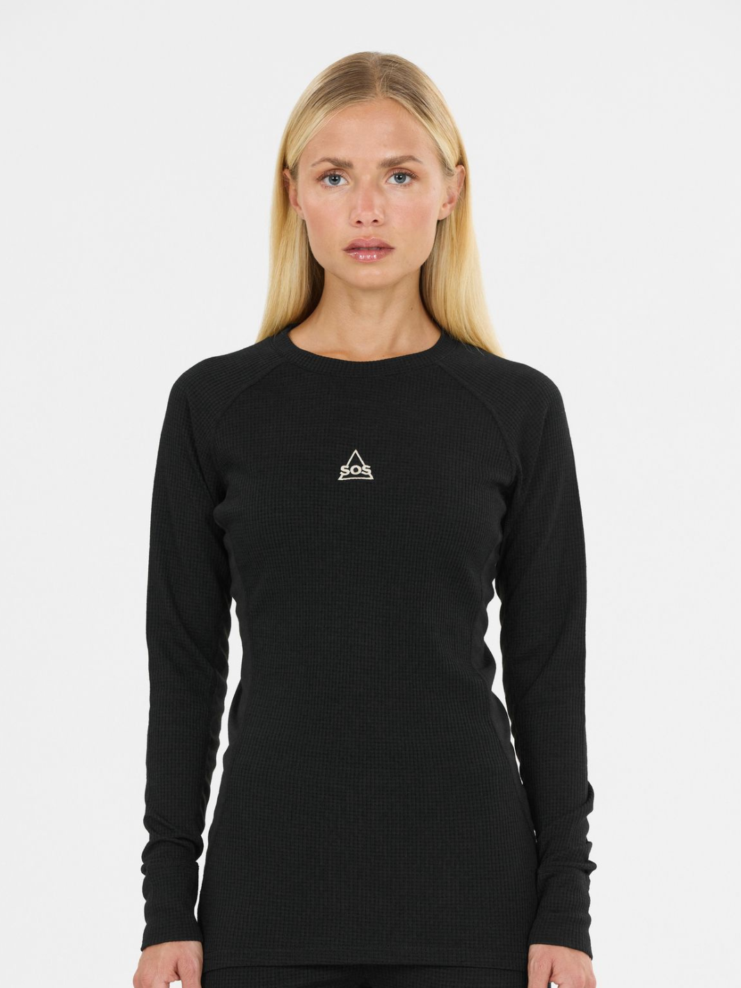 Sort SOS Namsan baselayer-sæt til kvinder med langærmet trøje og lange underbukser i polyester og merinould til skiløb.