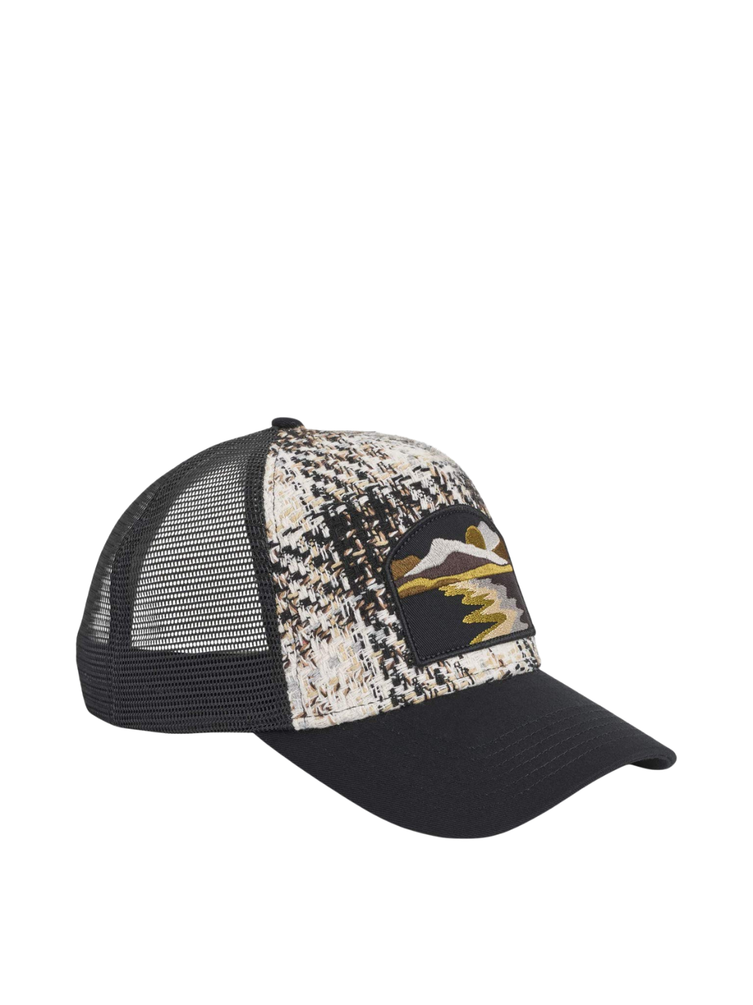 UPFRONT ASLAN Checked Trucker Cap i sort og beige med ternet design, broderet patch på fronten og justerbar snapback-lukning.