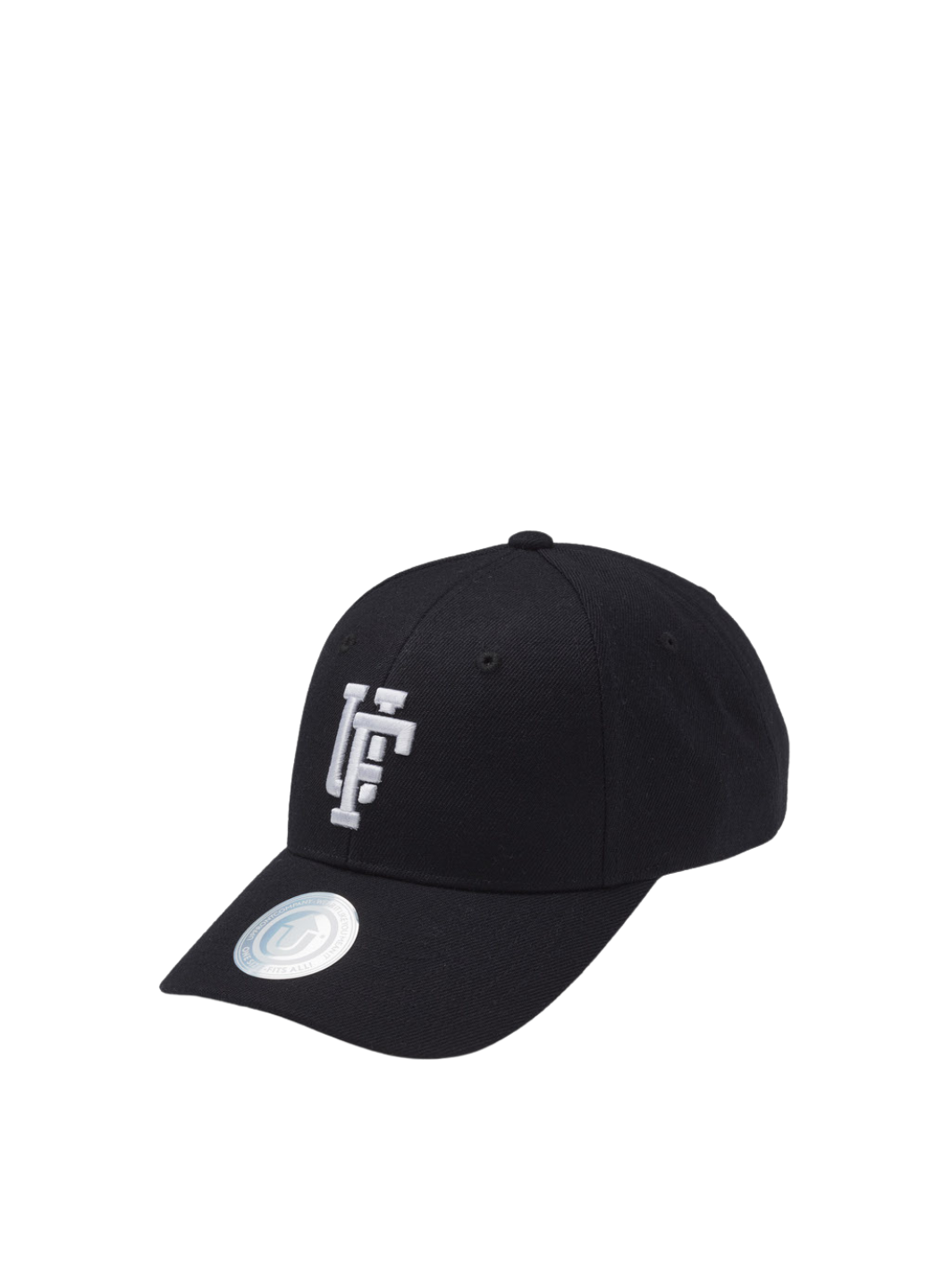 UPFRONT SPINBACK Baseball Cap i sort og hvid med lav profil (Crown 4) og justerbar snapback-lukning.