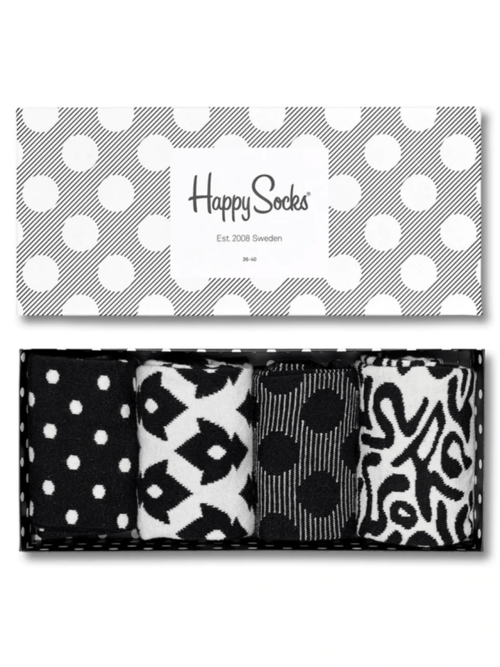4 - Pack Sort Hvid Happy Socks Gaveæske Til Ham 41 - 46 Happy Socks