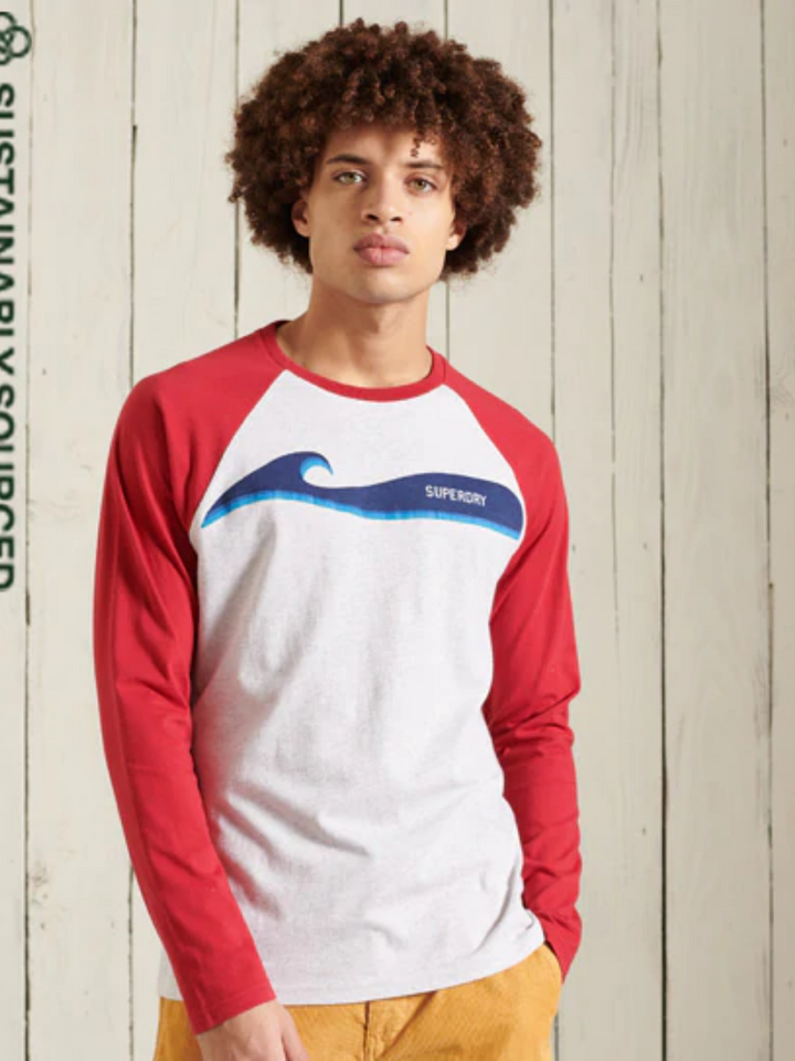 Röd-grå långärmad Superdry Surf Sleeve baseball T-shirt