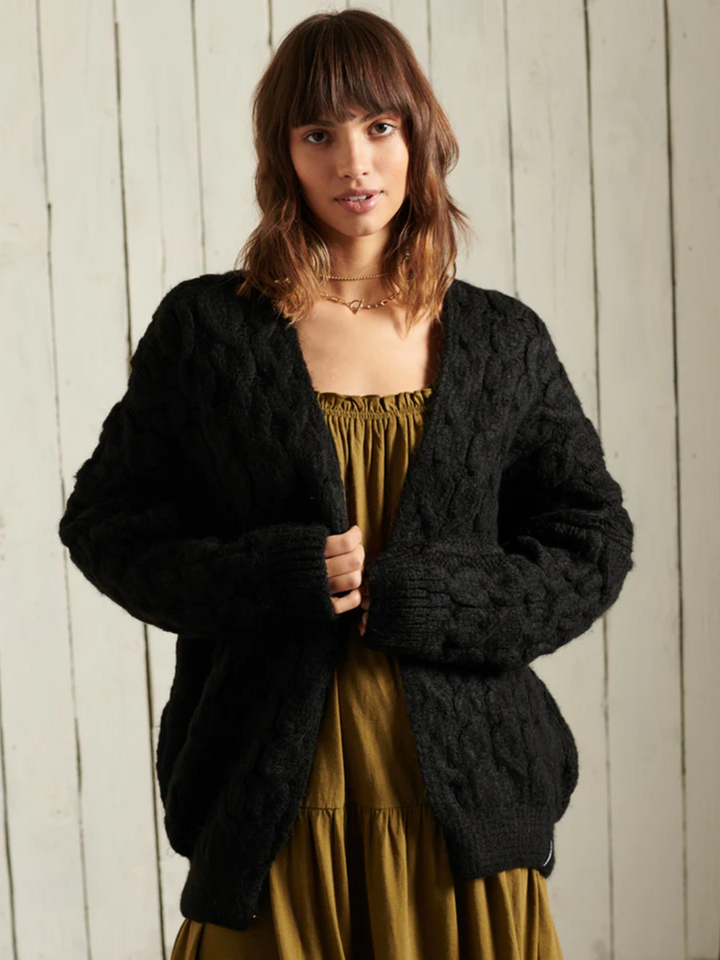 Svart Superdry Cable Knit Cardigan i överdimensionerad storlek