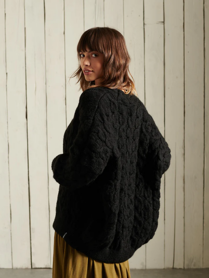 Svart Superdry Cable Knit Cardigan i överdimensionerad storlek