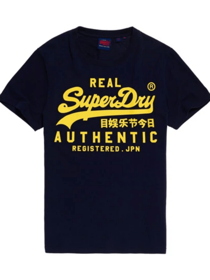 Mørkeblå Superdry T-shirt med gult logo XS Superdry